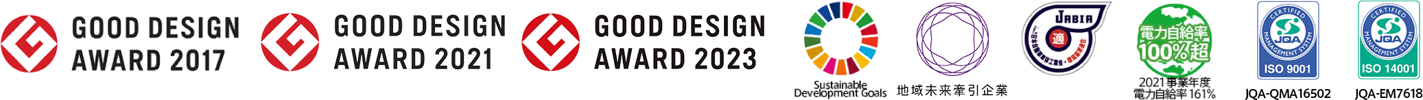 GOOD DESIGN AWARD 2017／GOOD DESIGN AWARD 2021／Sustainable Development Goals／地域未来牽引企業／2021事業年度 電力自給率161%／ISO 9001／ISO 14001